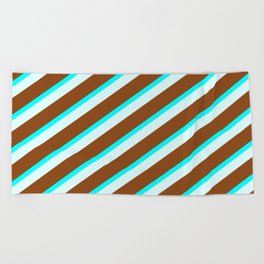 [ Thumbnail: Brown, Aqua & Light Cyan Colored Lined Pattern Beach Towel ]