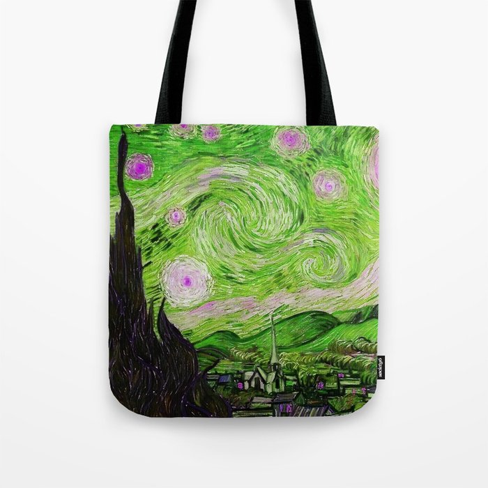 The Starry Night - La Nuit étoilée oil-on-canvas post-impressionist landscape masterpiece painting in alternate light green and fuchsia purple by Vincent van Gogh Tote Bag
