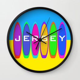 Jersey Text on Surfboards on the Beach Wall Clock