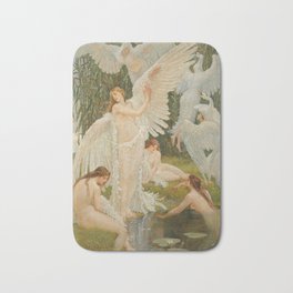 White Swans and the Maidens angelic garden landscape painting by Walter Crane  Bath Mat | Birds, Nude, Painting, Versailles, Tuscany, Female, Lilypond, Nile, Callalilies, River 