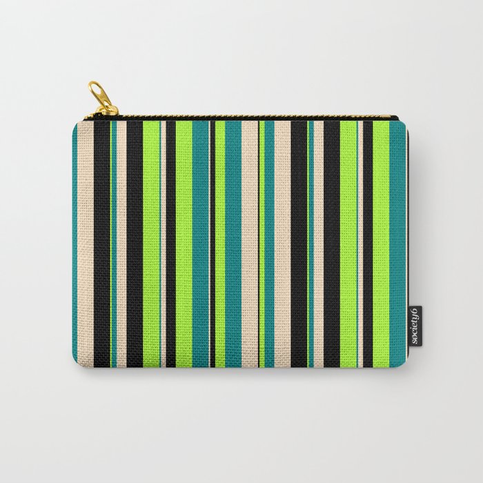 Light Green, Teal, Bisque & Black Colored Lined/Striped Pattern Carry-All Pouch