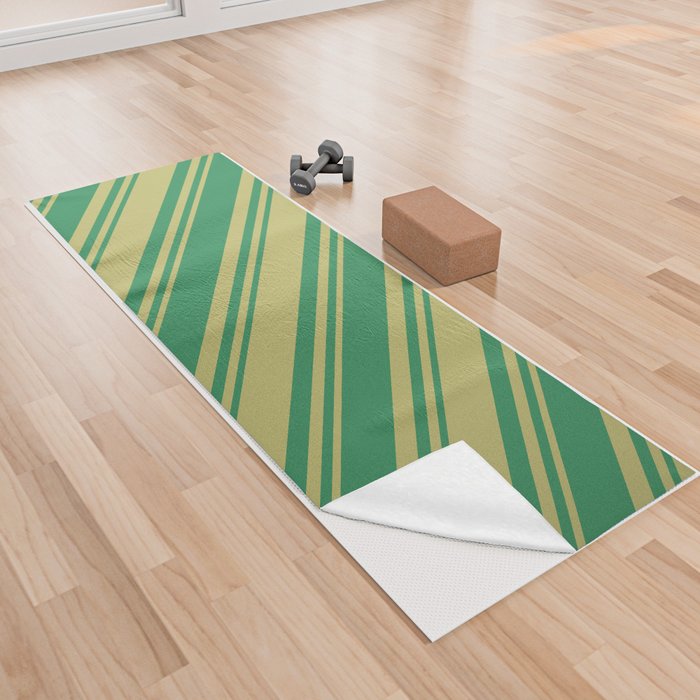Dark Khaki & Sea Green Colored Striped Pattern Yoga Towel