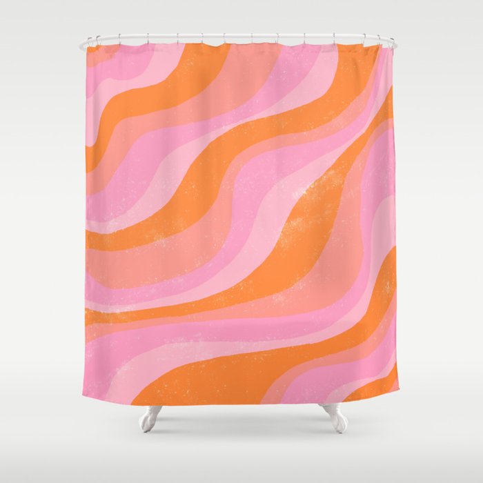 Pink 70s Retro Swirl Waves Shower Curtain