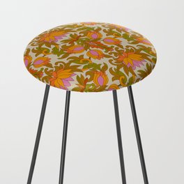 Orange, Pink Flowers and Green Leaves 1960s Retro Vintage Pattern Counter Stool