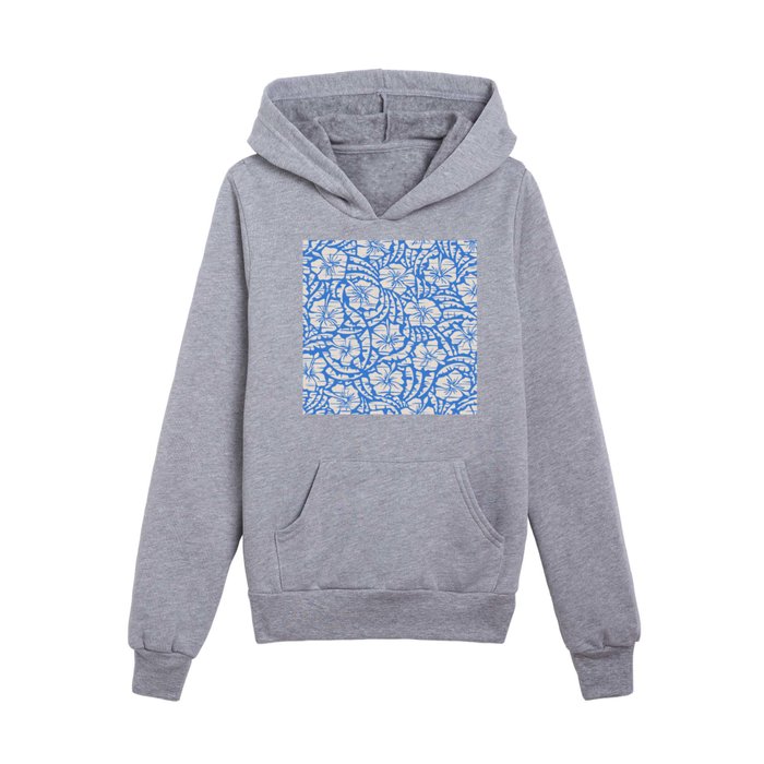 Hawaiian Block Print / Exotic Flowers on Azure Blue Kids Pullover Hoodie