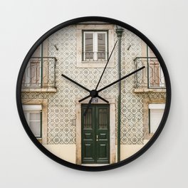 Tiles on Green and Beige Facade with Door in Lisbon, Portugal | Fine Art Travel Photography Wall Clock