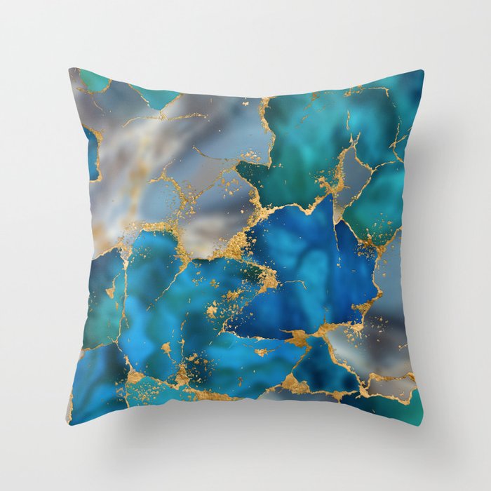 Dreamy Ocean Blue and Gold Throw Pillow