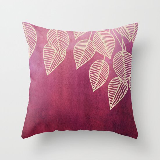 Magenta Garden - watercolor & ink leaves Throw Pillow
