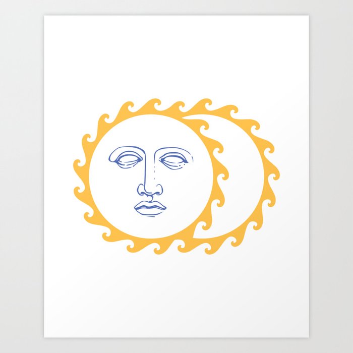 Sun Face Vintage Moon Yellow Sun Rays Bohemian Modern Celestial Art Print