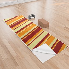 [ Thumbnail: Tan, Dark Orange, and Dark Red Colored Lined Pattern Yoga Towel ]