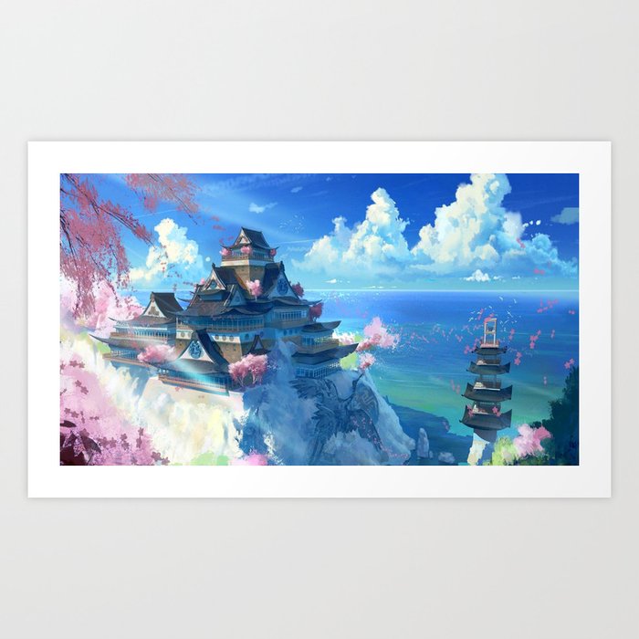 Japanese Fortress On Big Rock At Oceanside Cartoon Scenery Ultra High  Definition Art Print by Art Twister