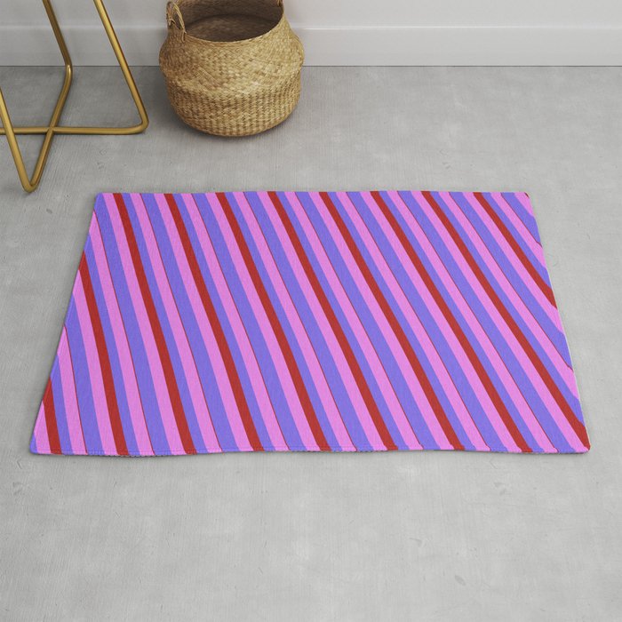 Violet, Medium Slate Blue & Red Colored Lined Pattern Rug