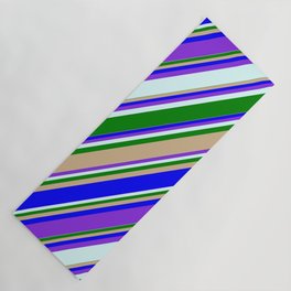 [ Thumbnail: Colorful Green, Tan, Blue, Purple, and Light Cyan Colored Striped/Lined Pattern Yoga Mat ]
