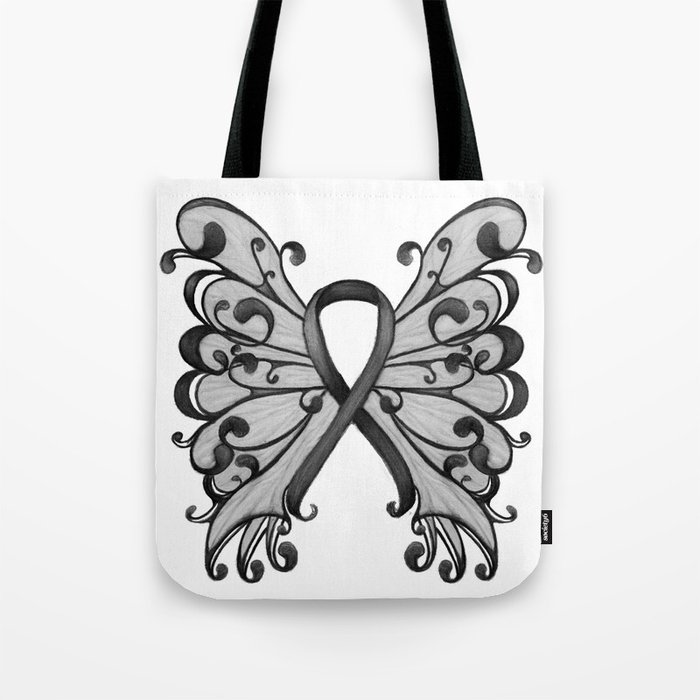 Cancer Ribbon Black with Butterfly Wings - Melanoma Tote Bag