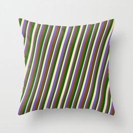 [ Thumbnail: Beige, Slate Blue, Brown, and Dark Green Colored Lines/Stripes Pattern Throw Pillow ]