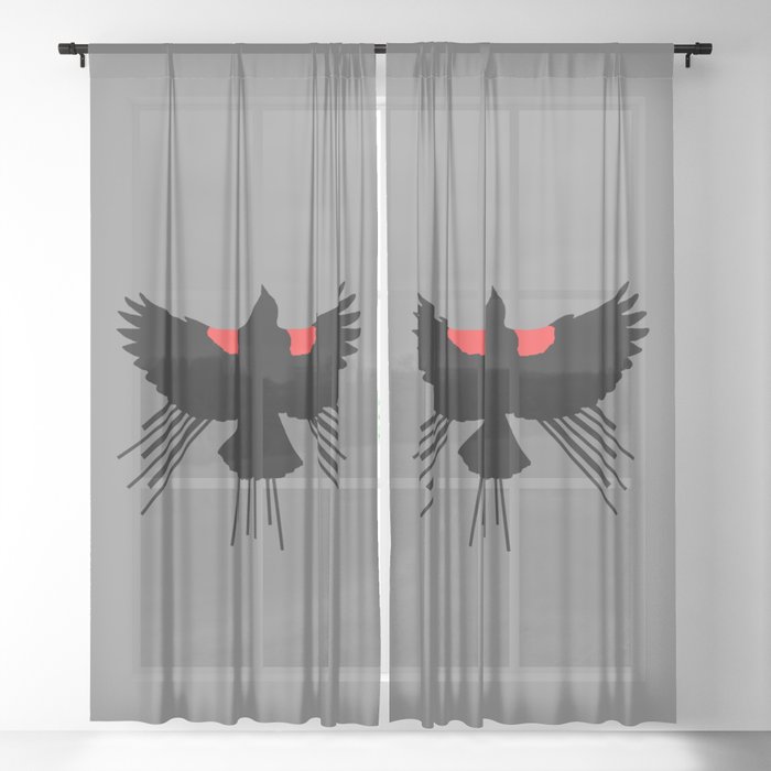 Red Winged Blackbird Grey Background  Sheer Curtain