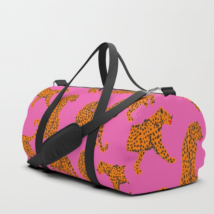 Abstract leopard with red lips illustration in fuchsia background  Duffle Bag
