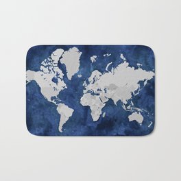 Dark blue watercolor and grey world map Bath Mat