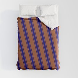[ Thumbnail: Sienna and Blue Colored Lines/Stripes Pattern Duvet Cover ]