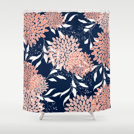 Floral Blooms and Leaves, Navy, Coral and White Shower Curtain