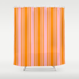 [ Thumbnail: Light Pink and Dark Orange Colored Pattern of Stripes Shower Curtain ]