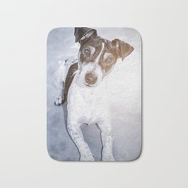 Young dog jack russel portrait lying looking at the camera Bath Mat | Portrait, Terrier, Cute, Cuty, Baby, Black, Young, Animal, Dog, Pet 