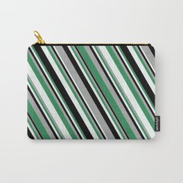 [ Thumbnail: Dark Gray, Sea Green, Mint Cream, and Black Colored Stripes/Lines Pattern Carry-All Pouch ]