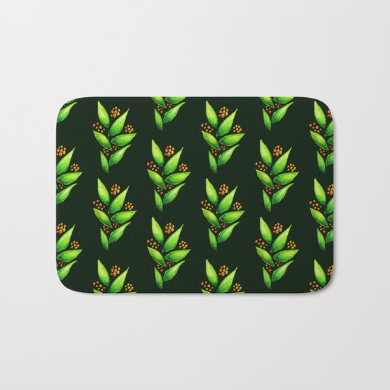 Abstract Watercolor Green Plant With Orange Berries Bath Mat