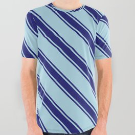 [ Thumbnail: Light Blue and Midnight Blue Colored Striped Pattern All Over Graphic Tee ]