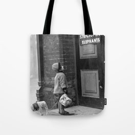 'Strictly No Elephants' vintage humorous child verses the world black and white photograph / black and white photography Tote Bag