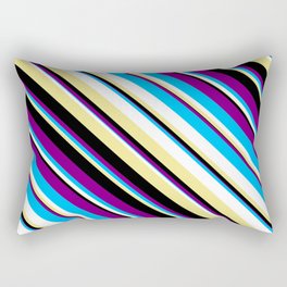 [ Thumbnail: Eye-catching Purple, Deep Sky Blue, White, Tan & Black Colored Striped Pattern Rectangular Pillow ]