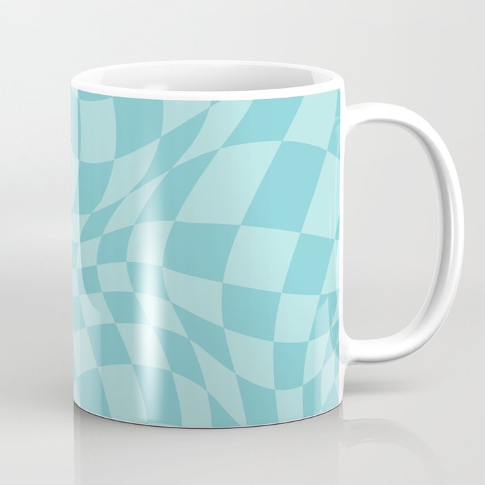 Warped Checkered Pattern in Aqua Blue, Wavy Checkerboard Coffee Mug