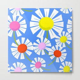 Modern Retro Daisy Flowers On Blue Metal Print