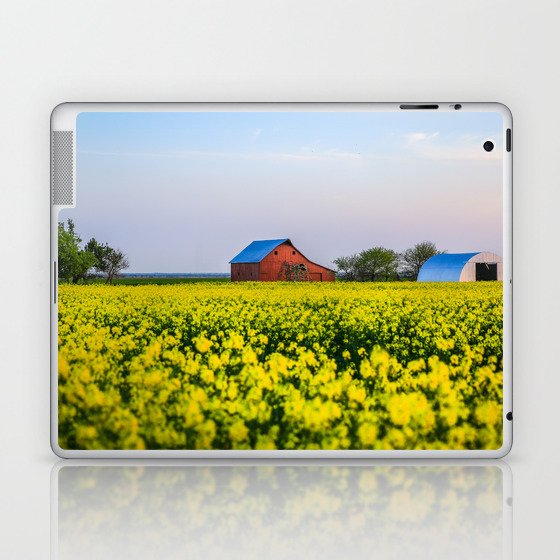 The Farm - Red Barn in Yellow Canola Field at Dusk on Spring Evening in Oklahoma Laptop & iPad Skin