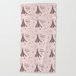 Paris Treats in Pink - Eiffel Tower, Croissants, Macaroons, Cafe, Cappuccino, Cake Beach Towel