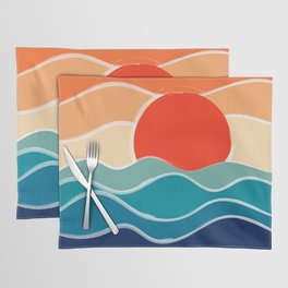 Retro 70s and 80s Color Palette Mid-Century Minimalist Nature Waves and Sun Abstract Art Placemat