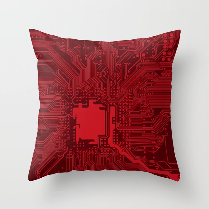 Red Geek Motherboard Circuit Pattern Throw Pillow