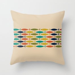 Midcentury Modern Multicolor Fish Stripe Pattern in Olive, Mustard, Orange, Teal, Beige Throw Pillow