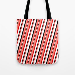 [ Thumbnail: Salmon, Red, White, and Black Colored Striped/Lined Pattern Tote Bag ]