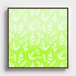 White Leaves on a Green Background Pattern Framed Canvas
