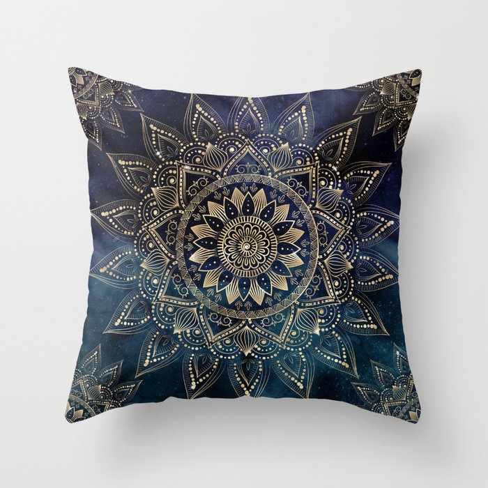 Elegant Gold Mandala Blue Galaxy Throw Pillow
