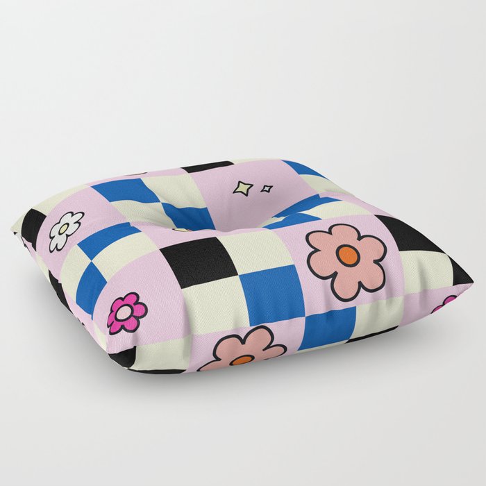 Checkered Flower Retro Colorful Check Pattern Pink And Blue Floor Pillow