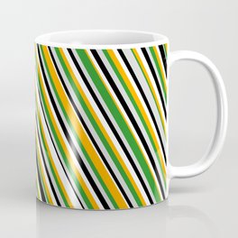 [ Thumbnail: Orange, Forest Green, Light Grey, Black & White Colored Striped Pattern Coffee Mug ]