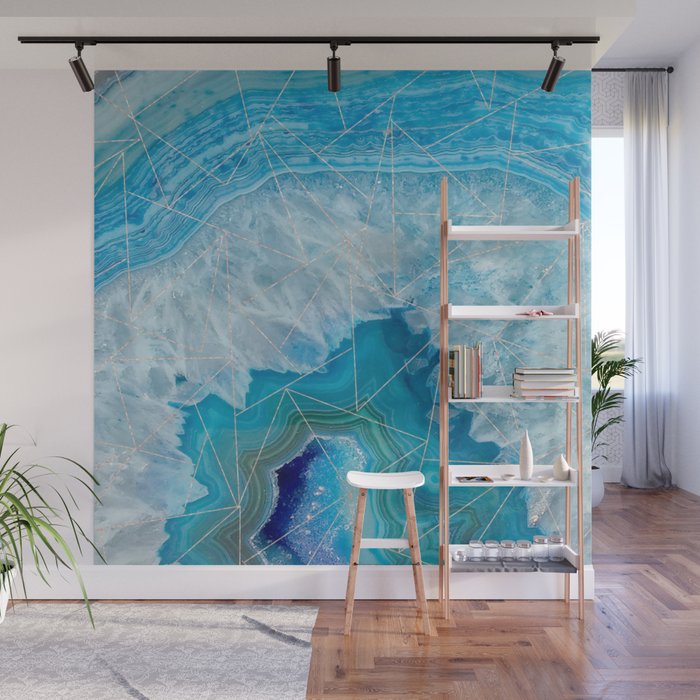 Light Blue Agate With Rose Gold Triangle Pattern Wall Mural By Matteandmarble Society6