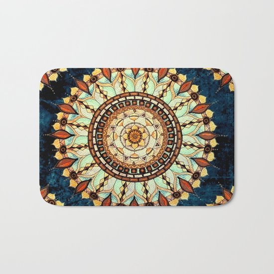 Sketched Mandala Design On A Blue Textured Background Bath Mat