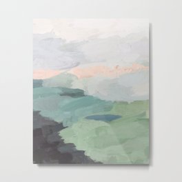 Farmland Sunset II - Seafoam Green Mint Black Blush Pink Abstract Nature Land Art Painting Metal Print | Horizon, Modern, Curated, Abstract, Oil, Greenandpink, Trendy, Acrylic, Bedroomart, Brushstrokes 