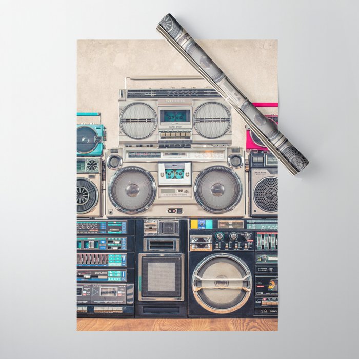 Retro old school design ghetto blaster stereo radio cassette tape recorders boombox tower from circa 1980s front concrete wall background. Vintage style filtered photo Wrapping Paper