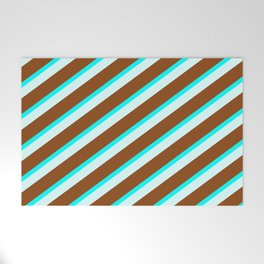 [ Thumbnail: Brown, Aqua & Light Cyan Colored Lined Pattern Welcome Mat ]