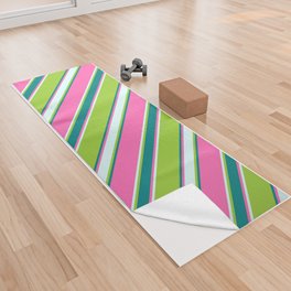 [ Thumbnail: Hot Pink, Teal, Green, and Light Cyan Colored Stripes/Lines Pattern Yoga Towel ]