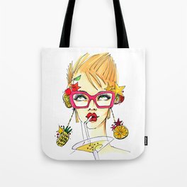 The girl is drinking a martini, with glasses and looking up. Tote Bag